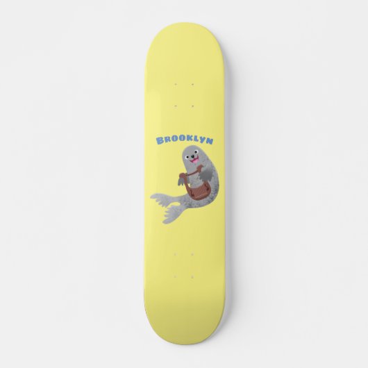 Happy schattige harp seal cartoon illustratie persoonlijk skateboard (Voorkant)