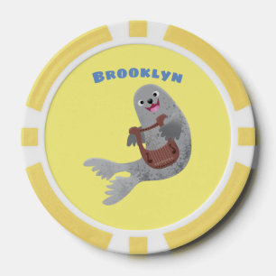 Happy schattige harp seal cartoon illustratie poker chips