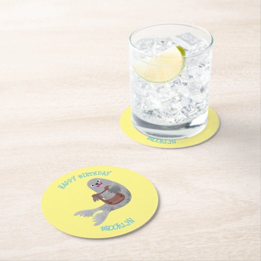 Happy schattige harp seal cartoon illustratie ronde kartonnen onderzetter (Insitu)