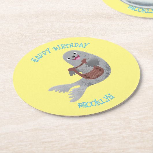 Happy schattige harp seal cartoon illustratie ronde kartonnen onderzetter (Gebogen)
