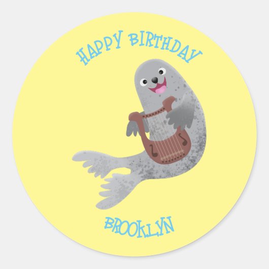 Happy schattige harp seal cartoon illustratie ronde sticker (Voorkant)
