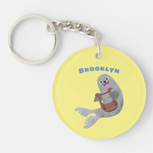 Happy schattige harp seal cartoon illustratie sleutelhanger