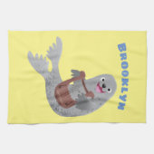 Happy schattige harp seal cartoon illustratie theedoek (Horizontaal)