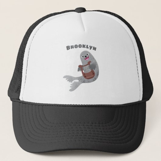 Happy schattige harp seal cartoon illustratie trucker pet (Voorkant)
