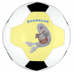 Happy schattige harp seal cartoon illustratie voetbal