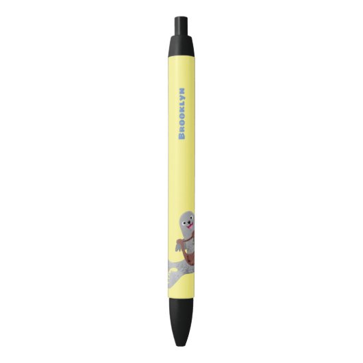 Happy schattige harp seal cartoon illustratie zwarte inkt pen (Voorkant Verticaal)