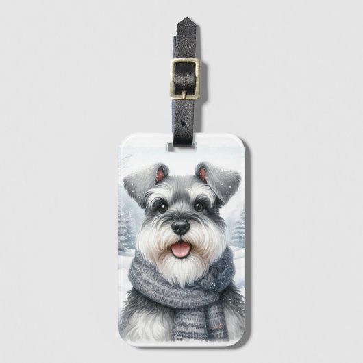 Happy Schnauzer in een sjaal Winter Art Bagagelabel (Voorkant (verticaal))