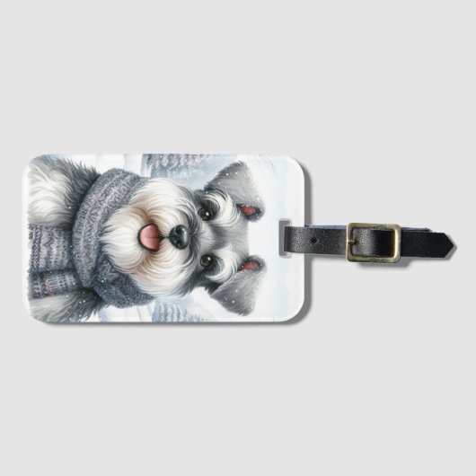 Happy Schnauzer in een sjaal Winter Art Bagagelabel (Voorkant (horizontaal))