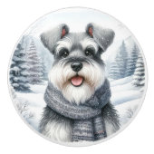 Happy Schnauzer in een sjaal Winter Art Keramische Knop (Voorkant)