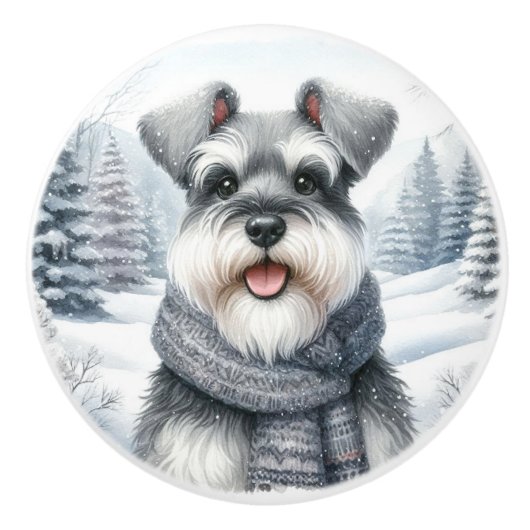 Happy Schnauzer in een sjaal Winter Art Keramische Knop (Voorkant)