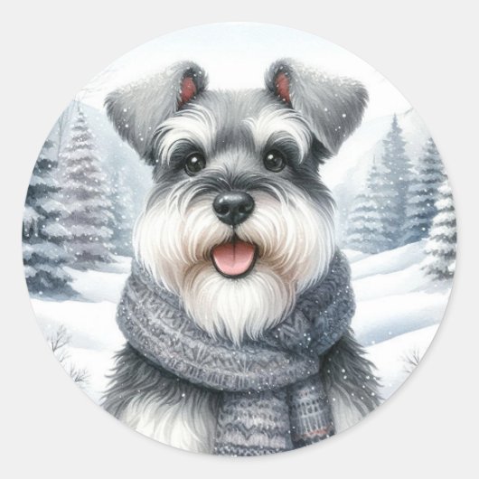 Happy Schnauzer in een sjaal Winter Art Ronde Sticker (Voorkant)