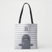 Happy Seal and Grey Stripes Monogram Tote Bag (Voorkant)