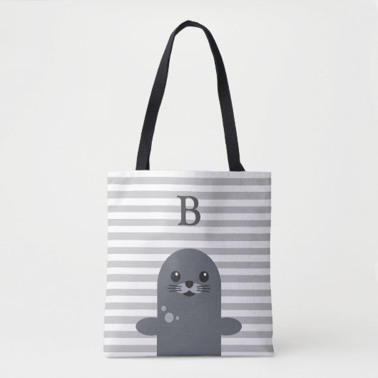 Happy Seal and Grey Stripes Monogram Tote Bag (Voorkant)