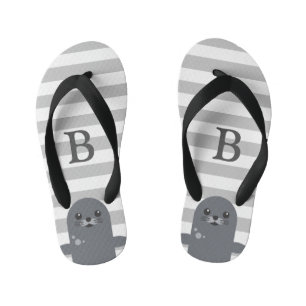 Happy Seal en Grey Stripes Monogram Kind Kinder Teenslippers