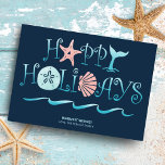 Happy Seashore | Kerstkerst van de marine van Beac Feestdagenkaart<br><div class="desc">Een platte kerstkaart voor elk thema met een grillige "Prettige feestdagen" zeeschok,  walvisstaart en een typografische vormgeving voor de golven van de oceaan met een nautisch patroon aan de achterzijde in tinten marinesblauw,  turquoise en koraal. Oorspronkelijk kunstwerk KL Stock.</div>