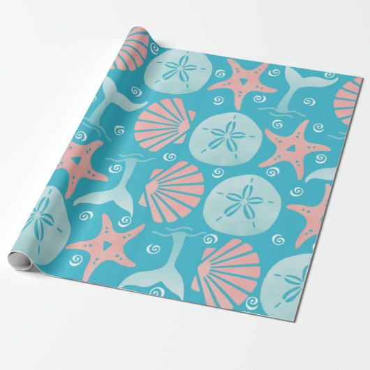 Happy Seashore | Nautical Beach Seashell Kerstmis Cadeaupapier (Uitgerold)