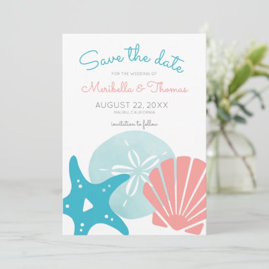 Happy Seashore | Nautical Beach Seashell Weddensch Save The Date (Staand voorkant)