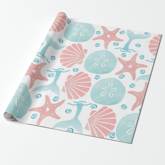 Happy Seashore | Nautisch strandpatroon Kerstmis Cadeaupapier (Uitgerold)