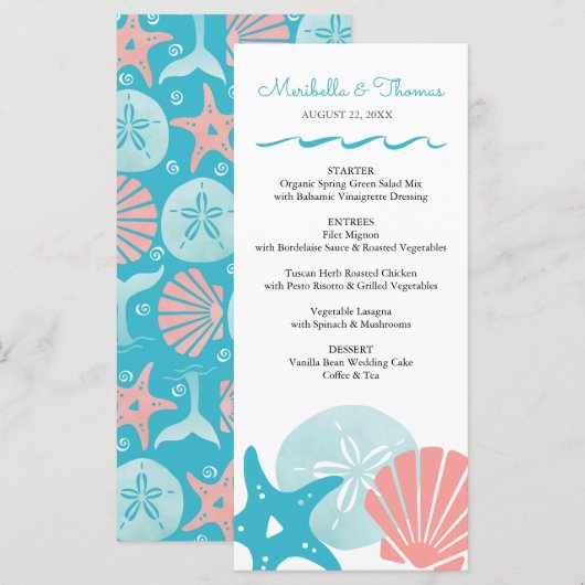 Happy Seashore | Tropical Beach Seashells bruiloft Menu (Voorkant / Achterkant)