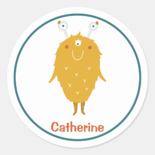 Happy shaggy oranje monster drie oogballen ronde sticker