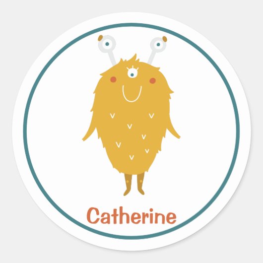 Happy shaggy oranje monster drie oogballen ronde sticker (Voorkant)