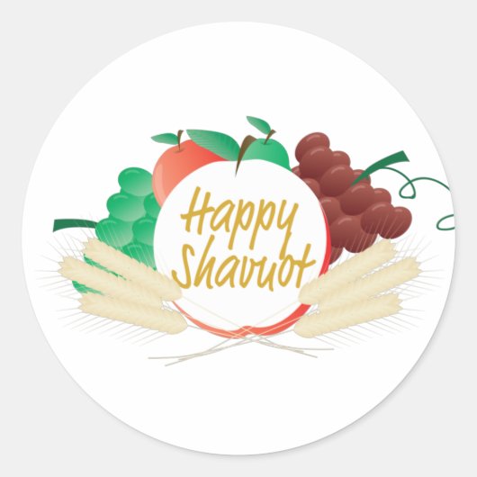 Happy Shavuot - Tekst, fruit en tarwe Ronde Sticker (Voorkant)