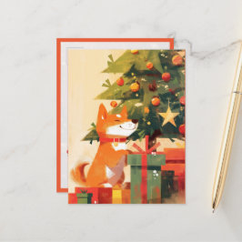 Happy Shiba Inu beside Christmas Tree and Gifts Briefkaart