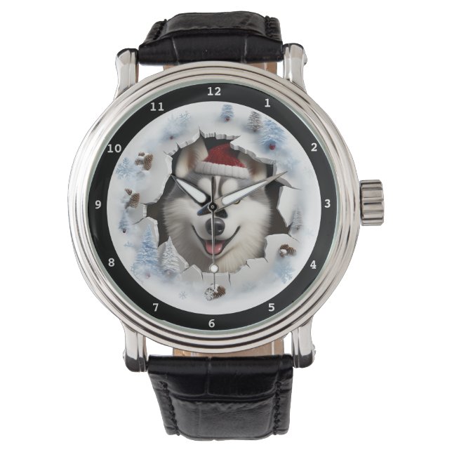 Happy Siberian Husky Puppy Winter Holiday Image Horloge (Voorkant)