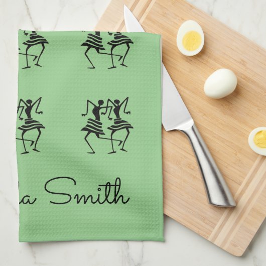 Happy Silhouette Dancers Green Theedoek (Quarter Fold)