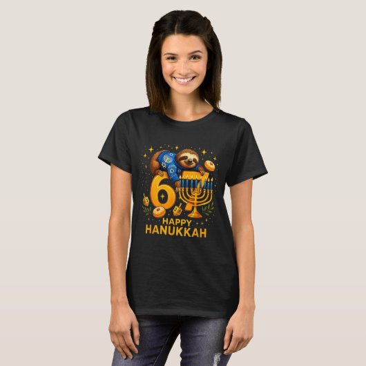 Happy Six Seven Hanukkah Funny Meme Menorah Sloth  T-shirt (Voorkant volledig)