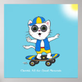 Happy Skater Cat gekleed in blauw en geel. Poster (Voorkant)