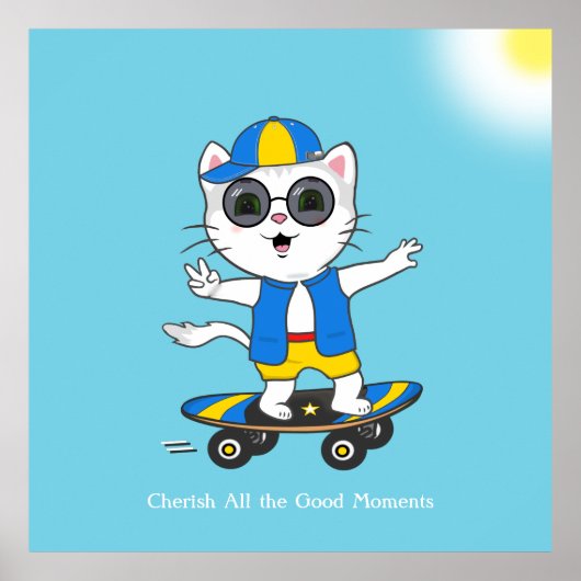 Happy Skater Cat gekleed in blauw en geel. Poster (Voorkant)