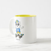 Happy Skater Cat geperst in blauw en geel Tweekleurige Koffiemok (Voorkant links)