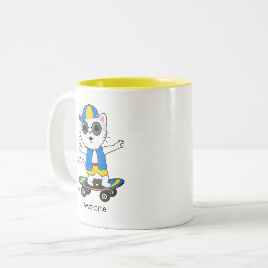 Happy Skater Cat geperst in blauw en geel Tweekleurige Koffiemok (Voorkant links)