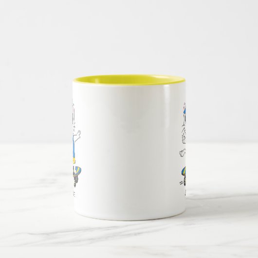 Happy Skater Cat geperst in blauw en geel Tweekleurige Koffiemok (Center)