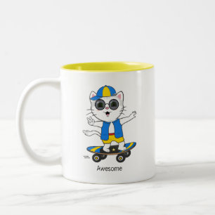 Happy Skater Cat geperst in blauw en geel Tweekleurige Koffiemok