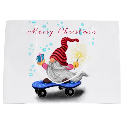 Happy Skater Gnome met Gifts en Sparkler - Fun - Groot Cadeauzakje (Voorkant)