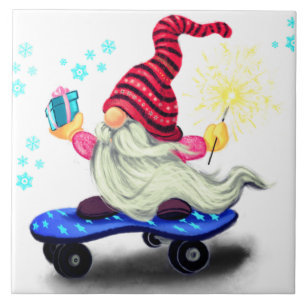 Happy Skater Gnome met Gifts en Sparkler - Fun Tegeltje