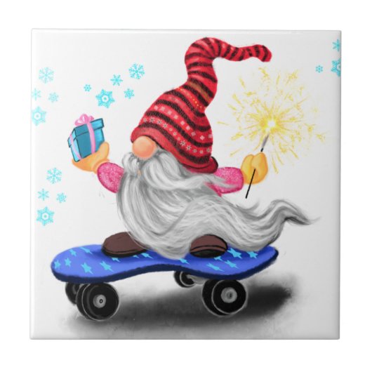 Happy Skater Gnome met Gifts en Sparkler - Grappig Tegeltje (Voorkant)