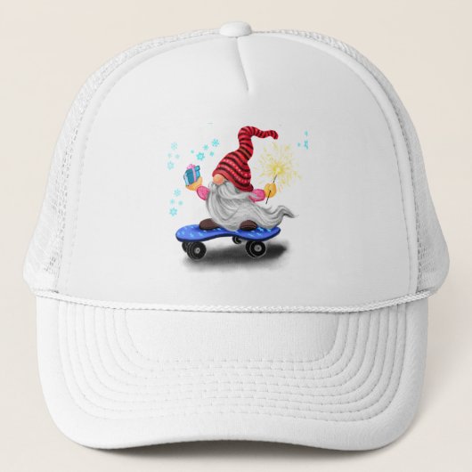 Happy Skater Gnome met Gifts en Sparkler - Grappig Trucker Pet (Voorkant)