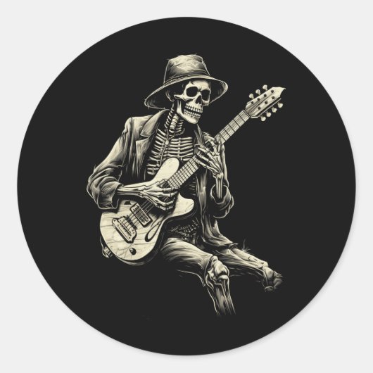Happy Skeleton Guitar Guy Spooky Halloween Rock Ba Ronde Sticker (Voorkant)