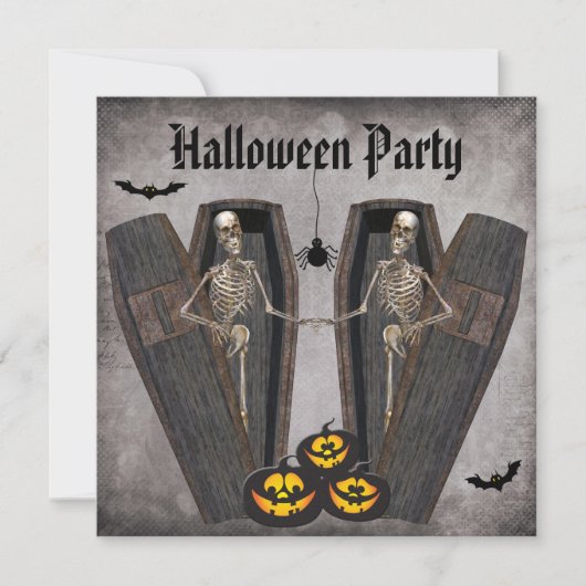 Happy Skeletten in Coffins Halloween Party Kaart (Voorkant)