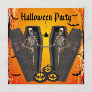 Happy Skeletten in Coffins Halloween Party Kaart