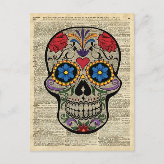 Happy Skull, Sugar Skull, Halloween, Dictionary Ar Briefkaart (Voorkant)