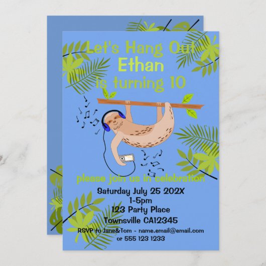 Happy Sloth Uitnodiging (Voorkant / Achterkant)