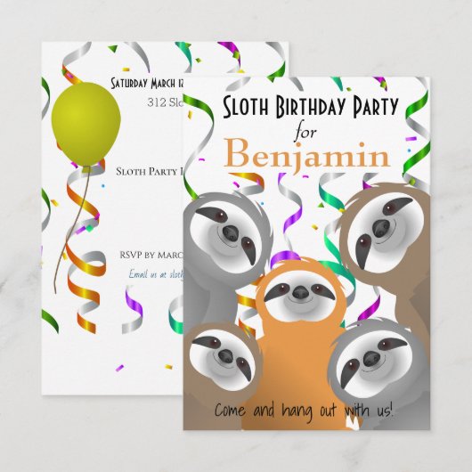 Happy Sloths Verjaardagsfeestje Confetti Uitnodigi Kaart (Voorkant / Achterkant)