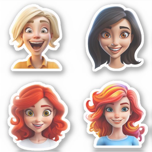Happy Smiling Cartoon Karakter Vrouw Gezichten x 4 Sticker (Voorkant)
