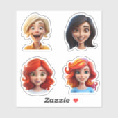 Happy Smiling Cartoon Karakter Vrouw Gezichten x 4 Sticker (Vel)