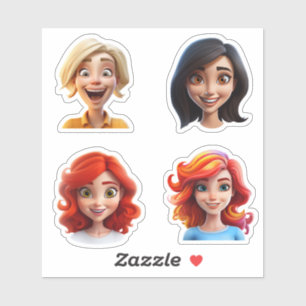 Happy Smiling Cartoon Karakter Vrouw Gezichten x 4 Sticker