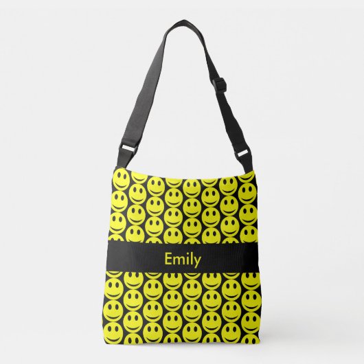 Happy Smiling Faces Yellow Black, naam toevoegen Crossbody Tas (Voorkant)